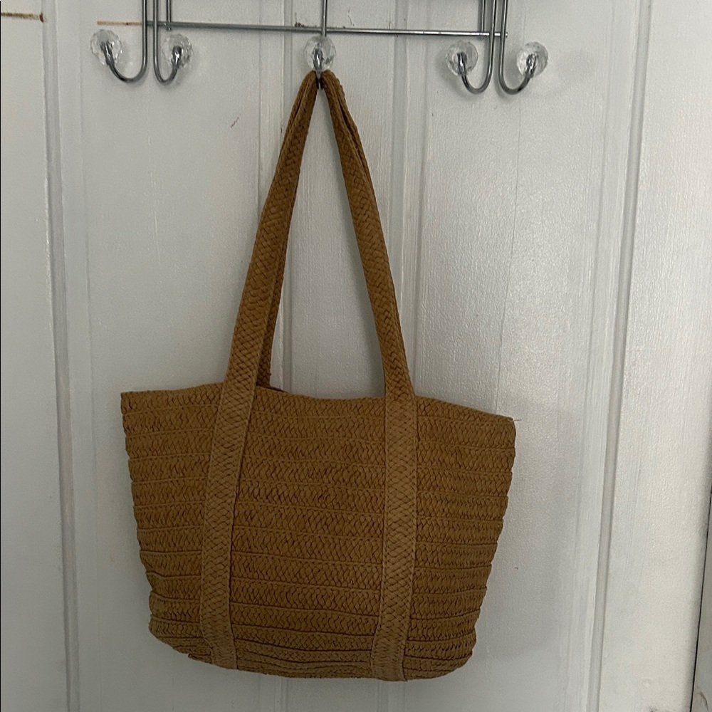Stylish Tan Straw Woven Tote Bag